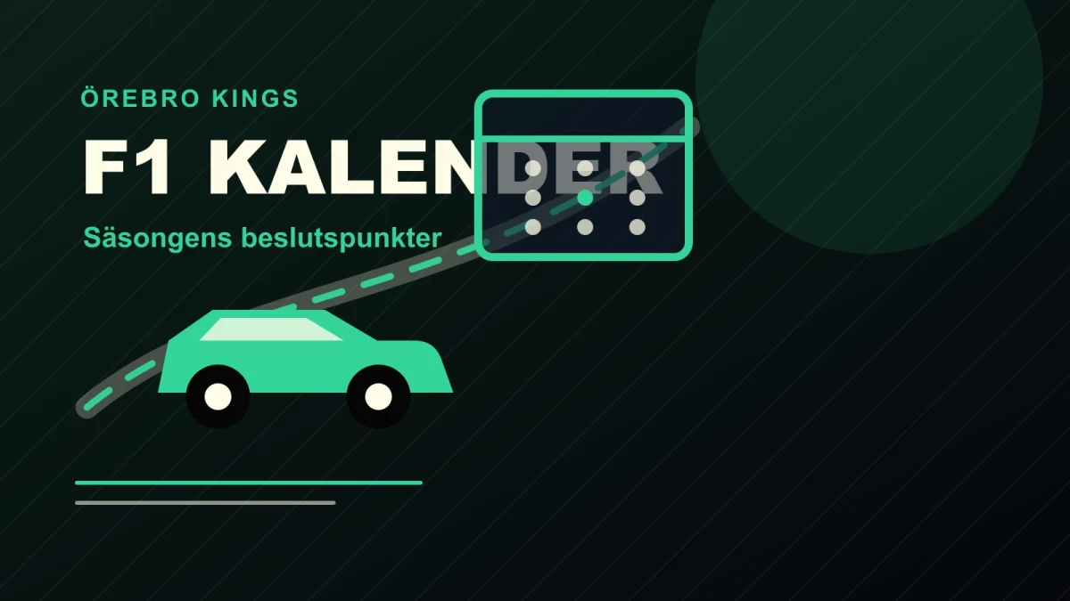 Illustrerad F1-kalender med banor och tidspanel.